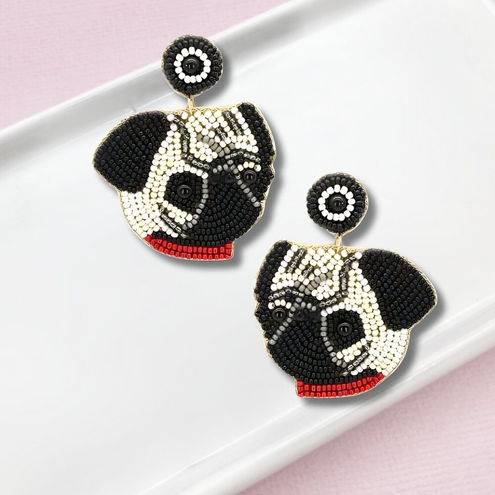 PUG Dog Lovers Pets Seed Beaded Statement Earrings - NEW